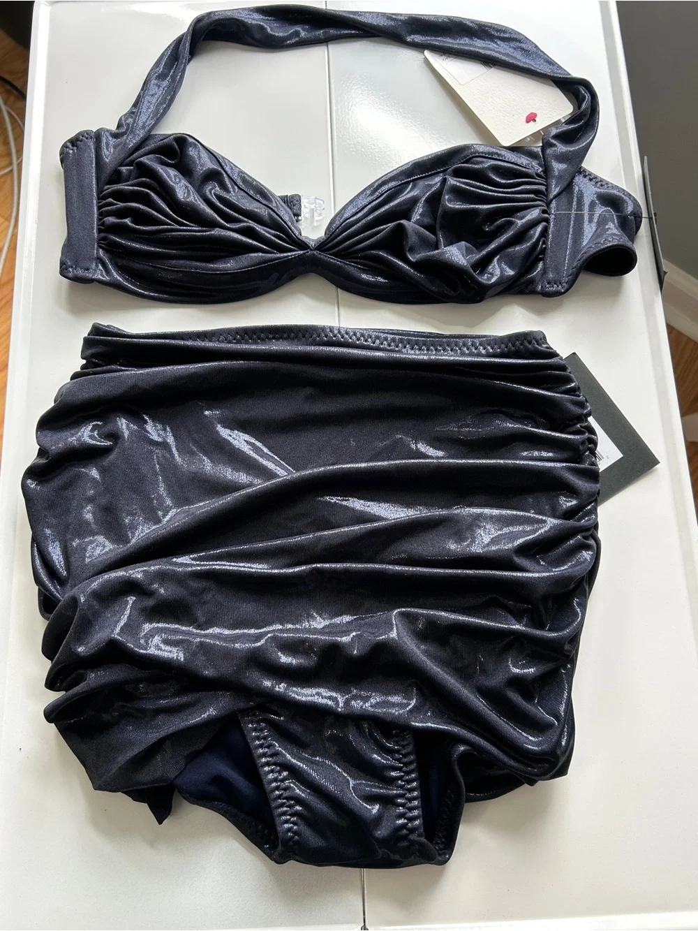 Norma Kamali Bill Bra & Bill Bottom Bikini Set Size S True Navy NWT Metallic - Picture 2 of 12